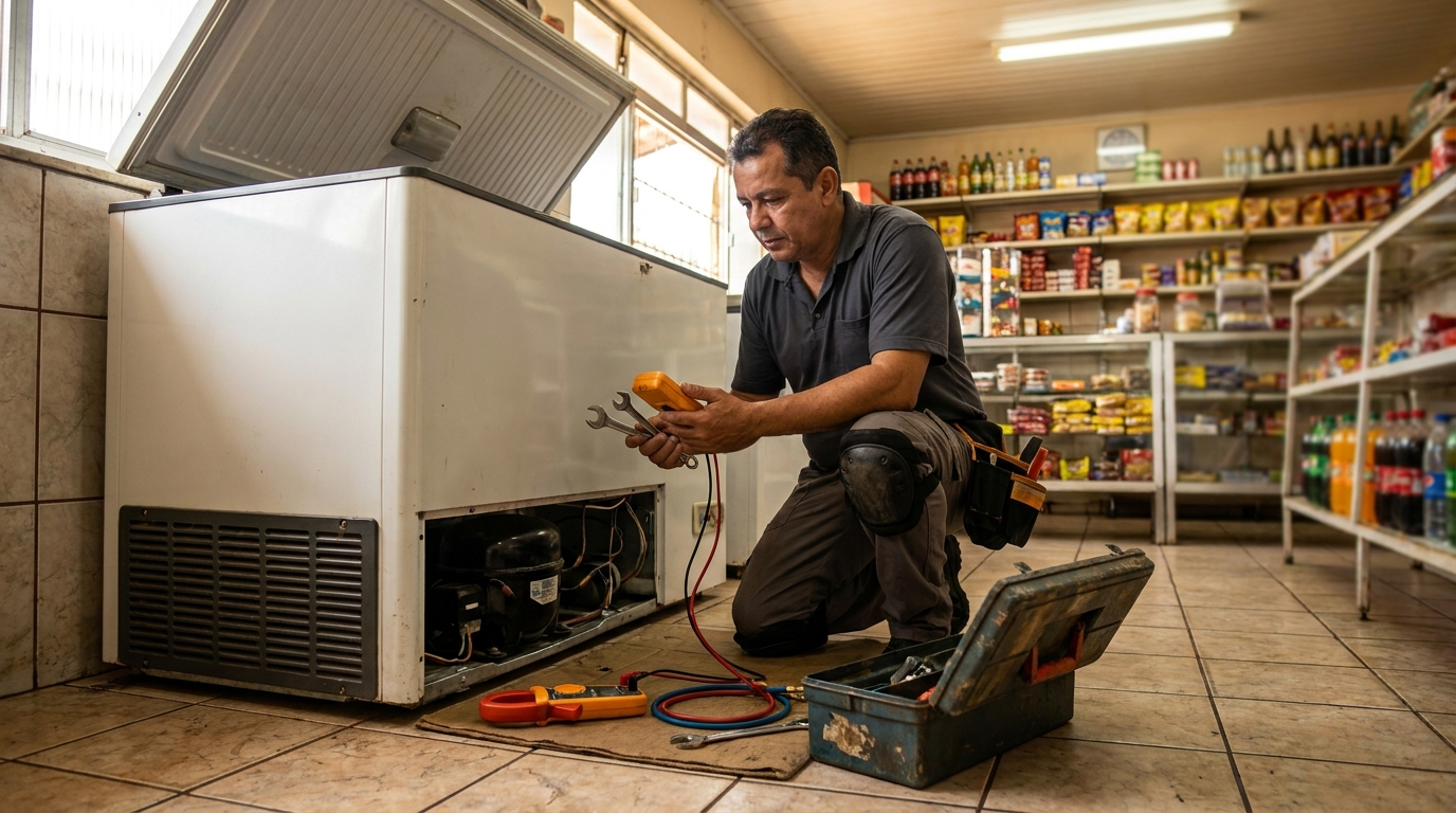 Técnico realizando manutenção de motor de freezer em Santa Maria‑RS