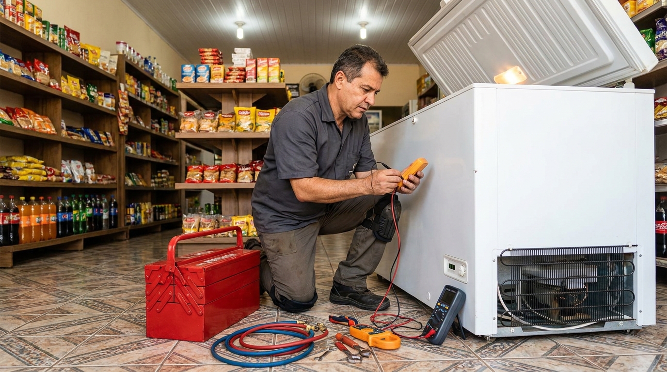 Recarga de gás refrigerante em freezer em atendimento em Santa Maria‑RS